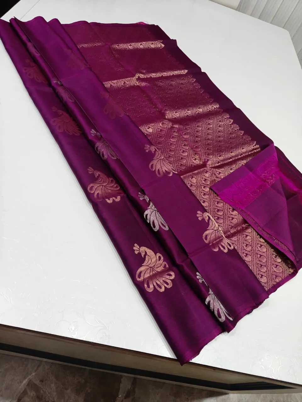Plum Magenta Floral Butta Zari Kanchipuram Soft Silk Saree